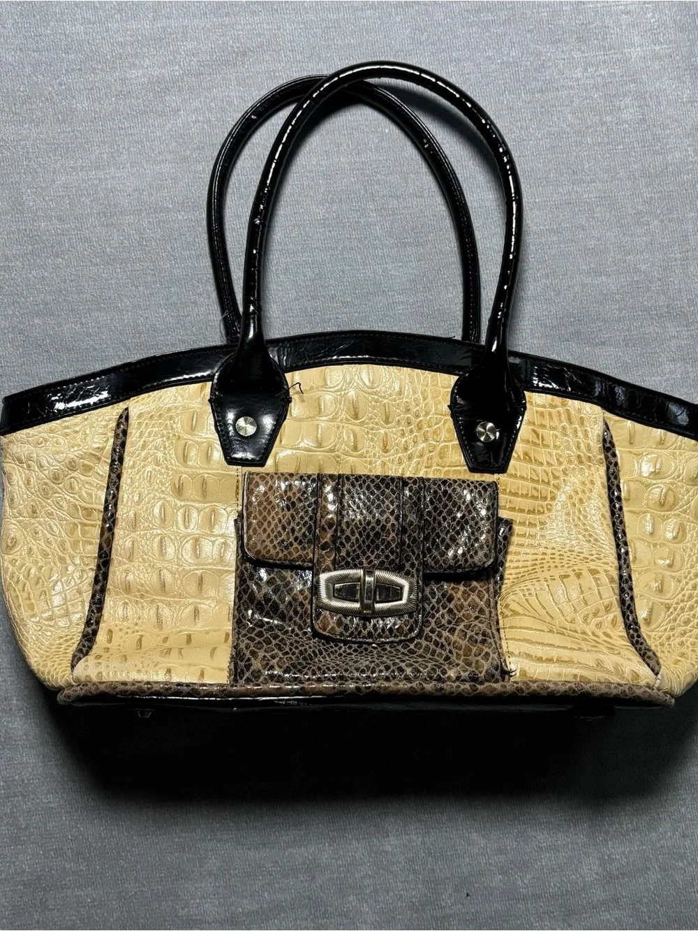 Snakeskin Satchel Handbag Cream Black Brown Y2K Office Chic Purse